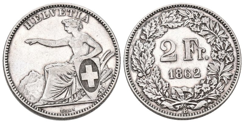 Schweiz 1862 2 Franken Silber 10g selten Sitzende Helvetia sehr schön bis vorzüg...
