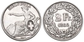Schweiz 1862 2 Franken Silber 10g selten Sitzende Helvetia sehr schön bis vorzüglich