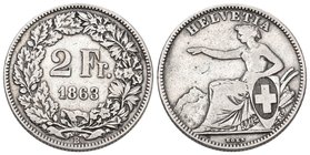 Schweiz 1863 2 Franken Silber 10g selten Sitzende Helvetia sehr schön +