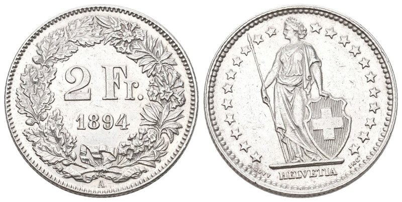 Schweiz 1894 2 Franken Silber 10g selten KM 21 vorzüglich