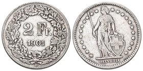 Schweiz 1901 2 Franken silber 10g selten sehr schön