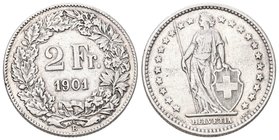 Schweiz 1901 2 Franken silber 10g Prächtige Erhaltung selten bis vorzüglich