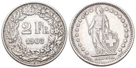Schweiz 1903 2 Franken silber 10g selten sehr schön