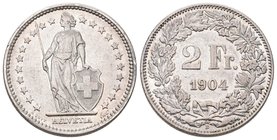 Schweiz 1904 2 Franken Silber 10g KM 21 selten in dieser Erhaltung vorzüglich