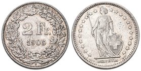 Schweiz 1905 2 Franken Silber 10g selten vorzüglich