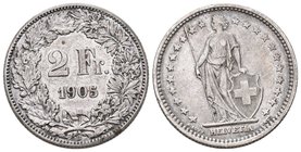 Schweiz 1905 2 Franken Silber 10g vorzüglich +