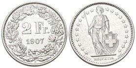 Schweiz 1907 2 Franken Silber KM 21 selten in dieser Erhaltung bis unzirkuliert