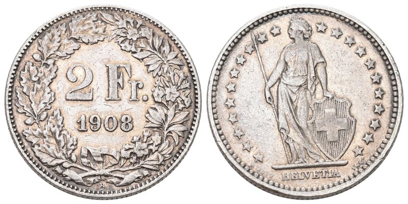 Schweiz 1908 2 Franken silber 10g KM 21 selten sehr schön