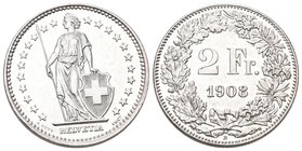 Schweiz 1908 2 Franken silber 10g KM 21 prächtige Erhaltung fast FDC