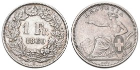Schweiz 1860 1 Franken Silber 5g selten in dieser Erhaltung vorzüglich +
