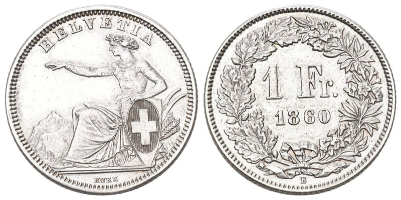 Schweiz 1860 1 Franken Silber 5g selten in dieser Erhaltung fast FDC