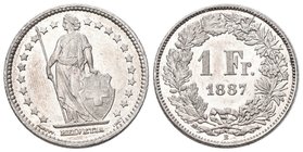 Schweiz 1887 1 Franken Silber 5g seltene Erhaltung vorzüglich bis unzirkuliert