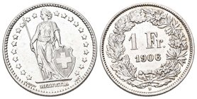 Schweiz 1906 1 Franken Silber 5g selten vorzüglich bis unzirkuliert