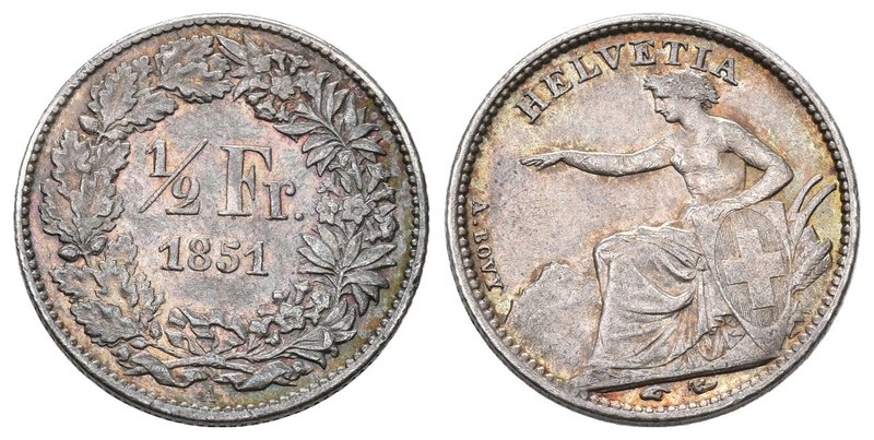 Schweizu 1851 1/2 Franken Silber 2,5g seltene Qualität vorzüglich bis unzirkulie...