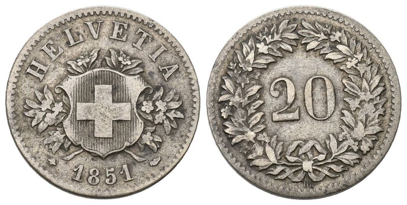 Schweiz 1851 20 Rappen Billon KM 7 seltene sehr schön bis vorzüglich