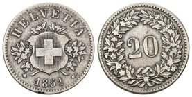 Schweiz 1851 20 Rappen Billon KM 7 vorzüglich