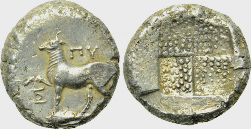 THRACE. Byzantion. Tetradrachm (Circa 387/6-340 BC). 

Obv: ΠΥ. 
Bull standin...