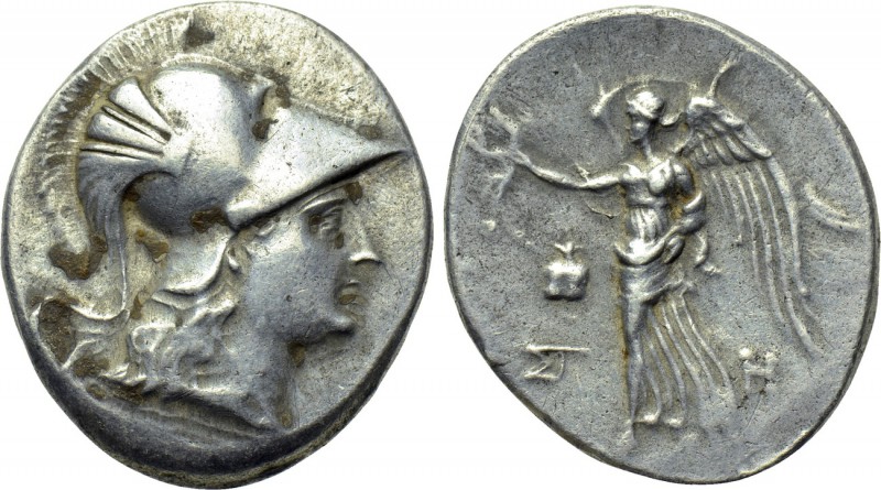 PAMPHYLIA. Side. Tetradrachm (Circa 205-100 BC). Ste-, magistrate. 

Obv: Helm...