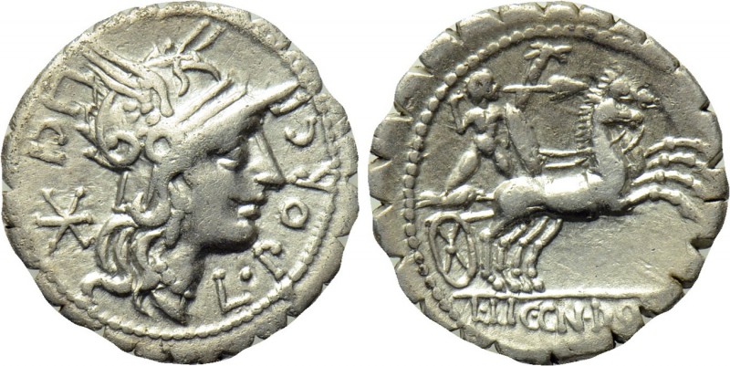L. PORCIUS LICINIUS. Serrate Denarius (118 BC). Rome. 

Obv: L PORCI / LICI. ...