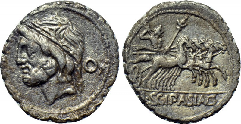L. SCIPIO ASIAGENUS. Serrate Denarius (106 BC). Rome. 

Obv: Laureate head of ...