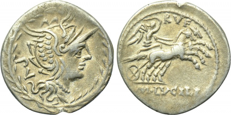 M. LUCILIUS RUFUS. Denarius. (101 BC). Rome. 

Obv: PV. 
Helmeted head of Rom...