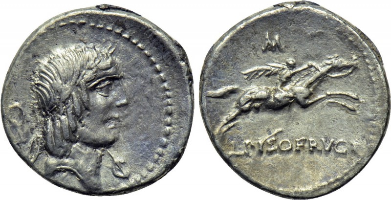 L. CALPURNIUS PISO L. F. FRUGI. Denarius (90 BC). Rome. 

Obv: Laureate head o...