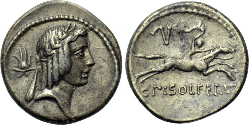 C. PISO L. F. FRUGI. Denarius (61 BC). Rome. 

Obv: Laureate head of Apollo ri...