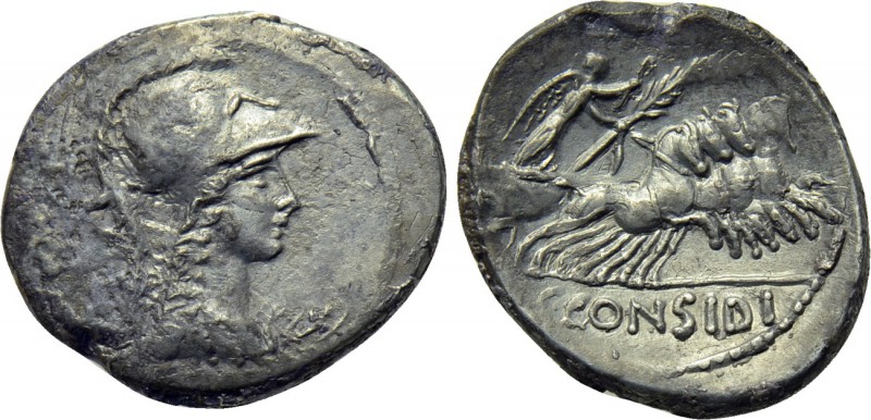 C. CONSIDIUS PAETUS. Denarius (46 BC). Rome. 

Obv: Helmeted bust of Minerva r...