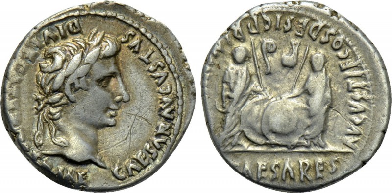 AUGUSTUS (27 BC-AD 14). Denarius. Lugdunum. 

Obv: CAESAR AVGVSTVS DIVI F PATE...