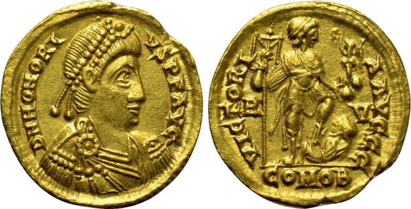 HONORIUS (393-423). GOLD Solidus. Ravenna. 

Obv: D N HONORIVS P F AVG. 
Diad...