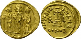 HERACLIUS with HERACLIUS CONSTANTINE and HERACLONAS (610-641). GOLD Solidus. Constantinople. Dated IY 11 (637/8).