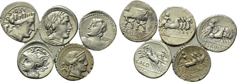 5 Roman republican coins. 

Obv: .
Rev: .

. 

Condition: See picture.
...