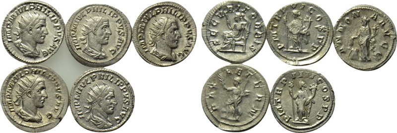5 antoniniani of Philip I. 

Obv: .
Rev: .

. 

Condition: See picture.
...