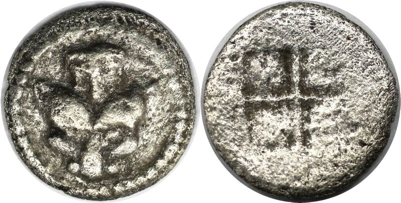 Griechische Münzen, MACEDONIA. AKANTHOS. Obol circa 480 v. Chr, Vs, Kopf einer L...
