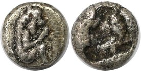Griechische Münzen, MACEDONIA. LETE (?). 1/8 Stater (?) um 500 v. Chr, Vs: Kauernder Satyr nach rechts im Feld kugeln. Silber. 1.091 g. Sehr schön (Au...
