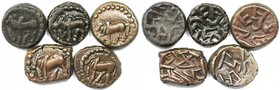 Griechische Münzen, Lots und Sammlungen griechischer Münzen. Altes Indien. Brahmi-Schrift. 5 x AE 1/2 Kakini (10 ratti) ca. 340 n. Chr., Ganapati Naga...