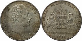 Altdeutsche Münzen und Medaillen, BAYERN / BAVARIA. Maximilian II. (1848-1864). Doppelthaler 1855, Vs: Kopf n.r. / Rs: Gekrontes Konigswappen zwischen...