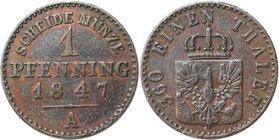 Altdeutsche Münzen und Medaillen, BRANDENBURG IN PREUSSEN. Wilhelm IV. (1840-1861). 1 Pfennig 1847 A, Kupfer. Jaeger 46, AKS 92. Sehr Schön