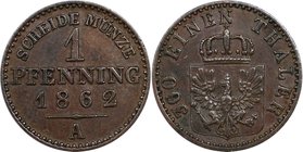 Altdeutsche Münzen und Medaillen, BRANDENBURG IN PREUSSEN. Wilhelm I. (1861-1888). 1 Pfennig 1862 A, Kupfer. Jaeger 50, AKS 108. Vorzüglich-Stempelgla...