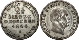 Altdeutsche Münzen und Medaillen, BRANDENBURG IN PREUSSEN. Wilhelm I. (1861-1888). 2 1/2 Silbergroschen 1864 A, Silber. Jaeger 90, AKS 102. Sehr schön...