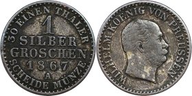 Altdeutsche Münzen und Medaillen, BRANDENBURG IN PREUSSEN. Wilhelm I. (1861-1888). 1 Silbergroschen 1867 A, Silber. Jaeger 89, AKS 103. Sehr Schön