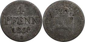 Altdeutsche Münzen und Medaillen, BRAUNSCHWEIG-CALENBERG-HANNOVER. Ernst August (1837-1851). 4 Pfennig 1838 B, Silber. Jaeger 45, AKS 121. Sehr Schön-...