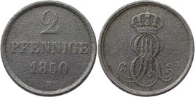 Altdeutsche Münzen und Medaillen, HANNOVER. Ernst August (1837-1851). 2 Pfennig 1850 B, Kupfer. Jaeger 75, AKS 124. Sehr Schön