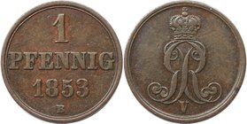Altdeutsche Münzen und Medaillen, HANNOVER. Georg V. (1851-1866). 1 Pfennig 1853 B, Kupfer. Jaeger 83, AKS 155. Sehr Schön