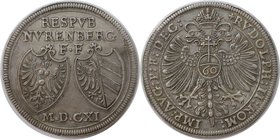 Altdeutsche Münzen und Medaillen, NÜRNBERG, STADT. Guldentaler (60 Kreuzer) 1611, mit Titel Rudolfs II. Silber. Dav. 89. Vorzüglich