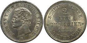 Altdeutsche Münzen und Medaillen, SACHSEN - ALBERTINE. Johann (1854-1873). 2 Neugroschen 1868 B. Billon. KM #1222. AKS 145. Stempelglanz