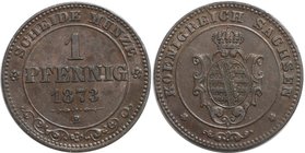 Altdeutsche Münzen und Medaillen, SACHSEN - ALBERTINE. Johann (1854-1873). 1 Pfennig 1873 B, Kupfer. KM #1216. AKS 155. Vorzüglich