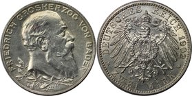 Deutsche Münzen und Medaillen ab 1871, REICHSSILBERMÜNZEN, Baden, Friedrich I. (1852-1907). 2 Mark 1902 G, zum 50jährigen Regierungsjubiläum. Silber. ...