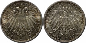 Deutsche Münzen und Medaillen ab 1871, REICHSSILBERMÜNZEN, Lübeck. 2 Mark 1904 A, Doppeladler mit Brustschild / Rs: Gekronter Reichsadler. Silber. KM ...