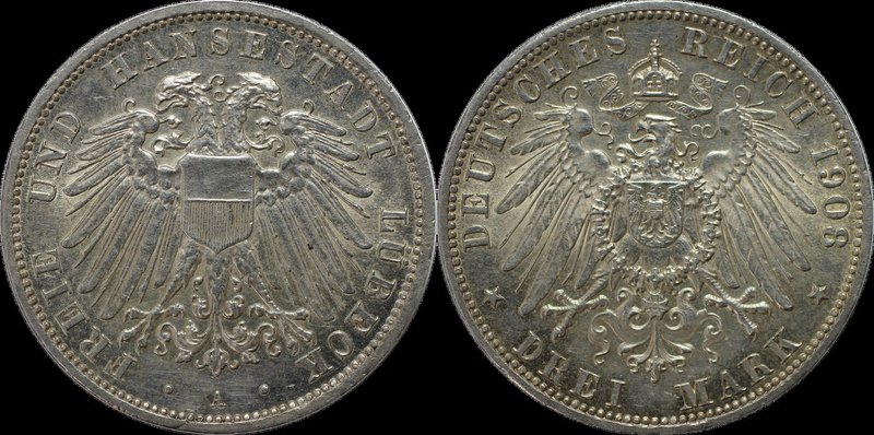 Deutsche Münzen und Medaillen ab 1871, REICHSSILBERMÜNZEN, Lübeck. 3 Mark 1908 A...